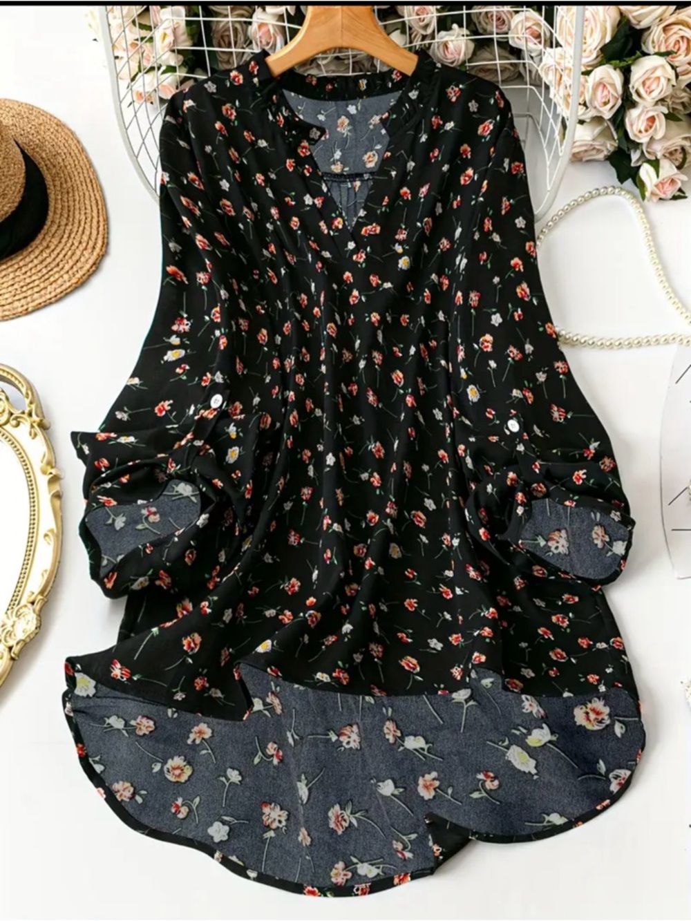 Women's Black Floral ruffled V-Neck Blouse